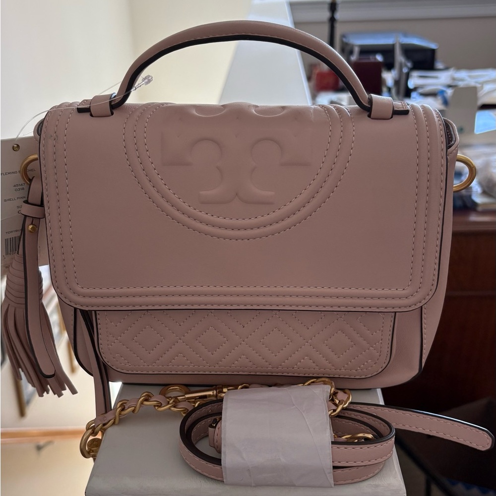 Tory Burch Shell Pink Quilted Leather Fleming Satchel with Tassel